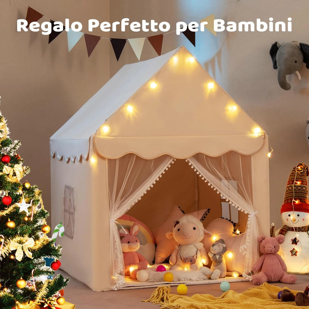 Tenda da Gioco per Bambini, Tenda Castello con Tappetino Lavabile, Luci a Forma di Stella, per Interno ed Esterno, 105 x 121 x 136 cm (Stile 2 Beige)