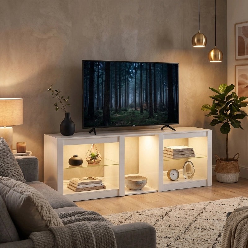 Mobile porta TV con LED RGB e ripiani in vetro regolabili, per televisori fino a 75 pollici, bianco, 160 × 35 × 52 cm