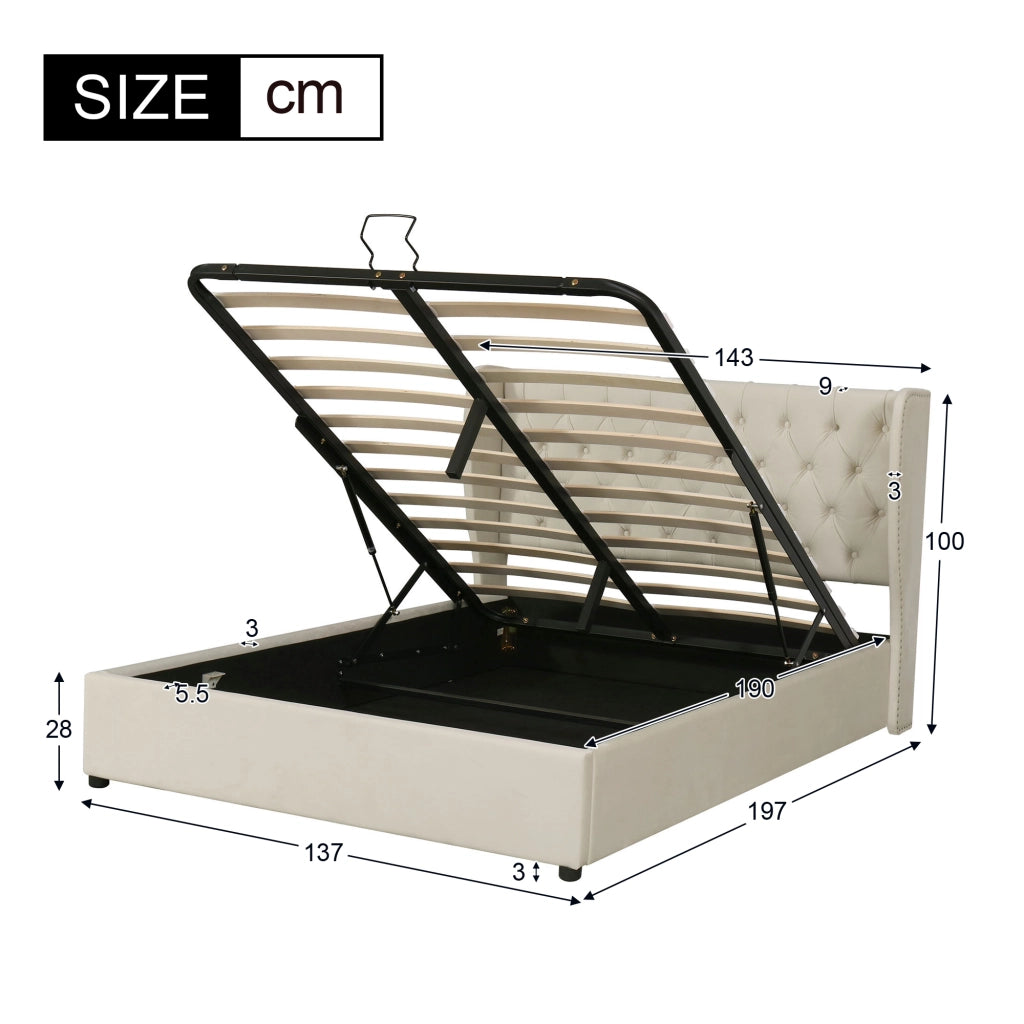 Letto Contenitore 180×200 cm; Letto Matrimoniale con Vano Idraulico; senza Materasso; Testiera Alta; Velluto Beige