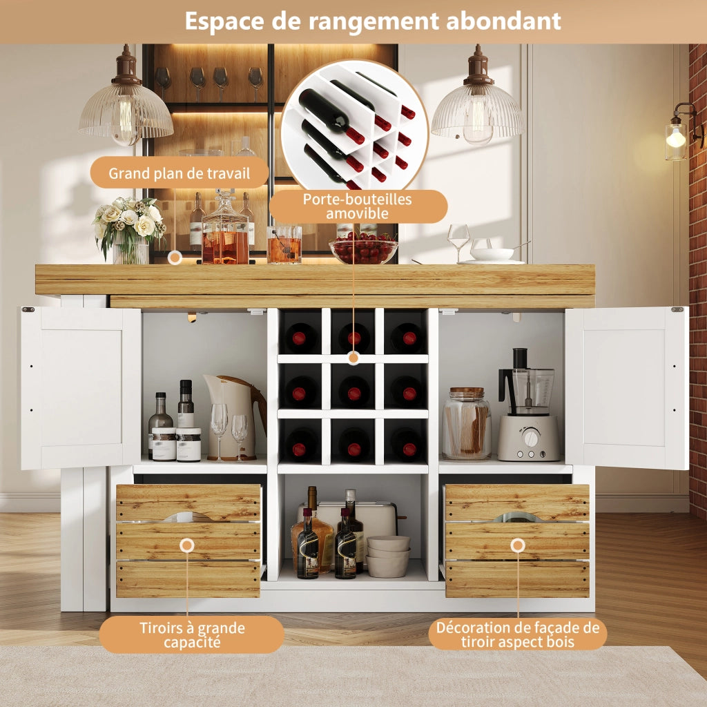 Tavolo da pranzo allungabile con credenza; piano girevole a 360°; cassetto e portabottiglie; per cucina e soggiorno; bianco; 120 × 40 × 72 cm