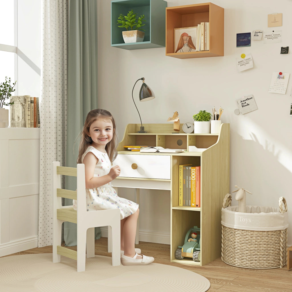 Set Scrivania per Bambini e Sedia in Legno con Scaffale e Cassetto, Et¨¤ 3-10 Anni, Bianco e Legno