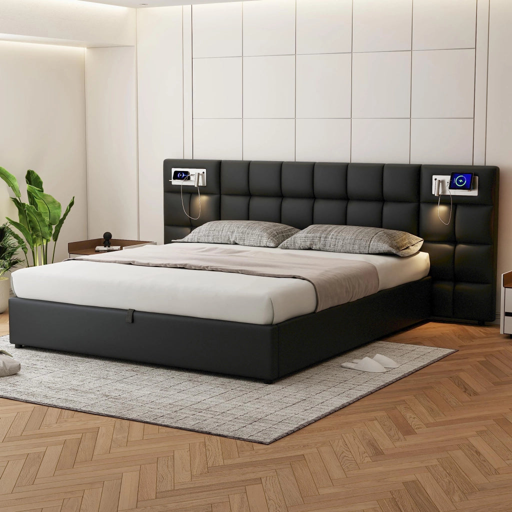 Letto Contenitore 180 x 200 cm; USB; ricarica wireless e luce - in PU - Nero