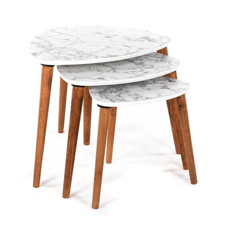 SET 3 TAVOLINI DA ARREDO EFFETTO MARMO BIANCO CON GAMBE NATURAL 49/44/39H CM