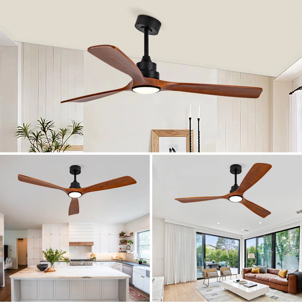 Ventilatore da soffitto da 60 pollici con luce LED; telecomando e pale in legno; noce e nero