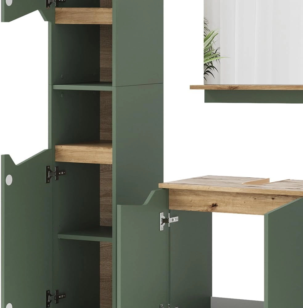 Set di mobili da bagno Marelle, Verde/Artigianale, 60 cm, composto da mobile sottolavabo, specchiera, colonna, base media e pensile
