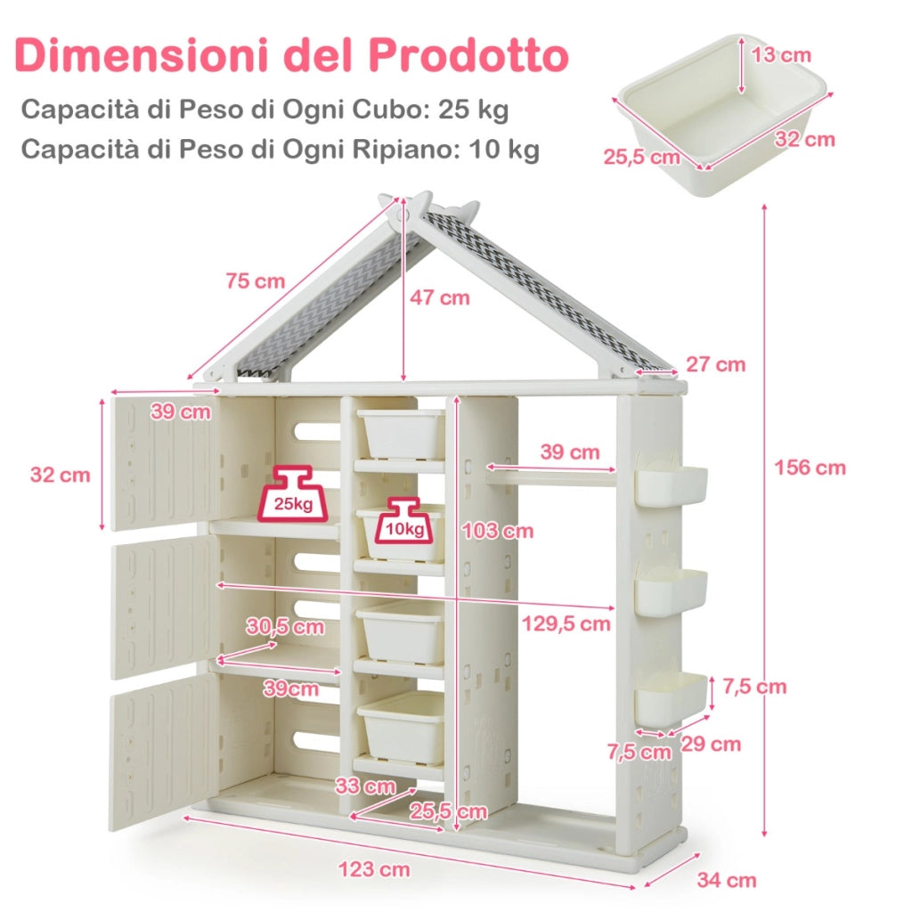 Armadio portaoggetti per bambini con appendiabiti da letto dei bambini, Organizzatore di vestiti con 3 armadietti Beige-Scaffalature