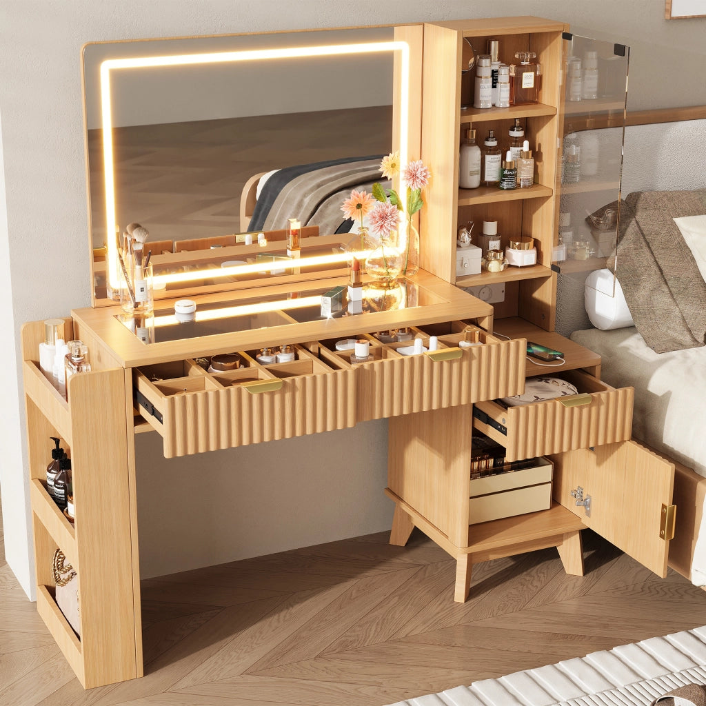 Toeletta con specchio LED; 3 cassetti e vano laterale - in MDF e truciolare - 133×40×136 cm - naturale