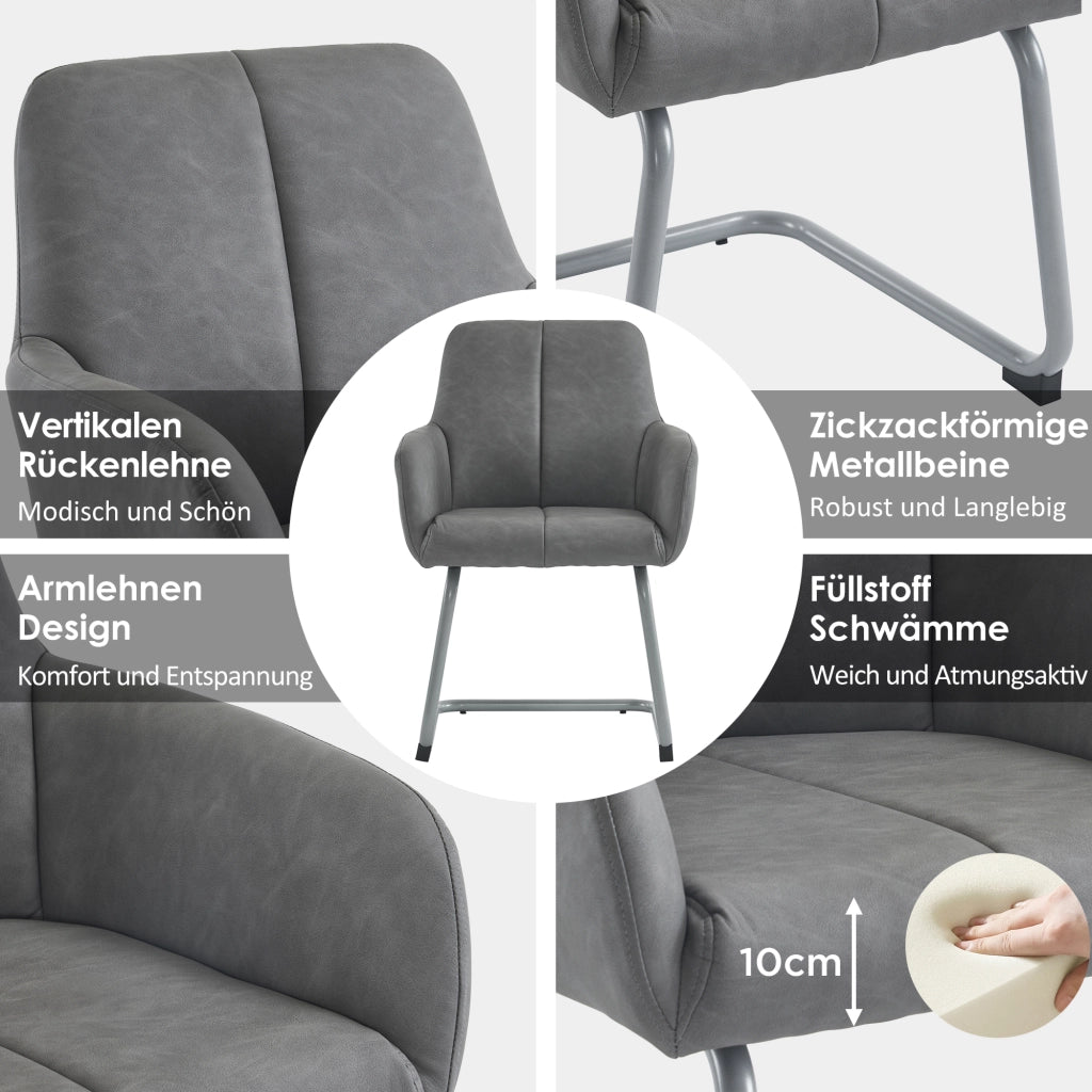 Sedia da pranzo set da 2 con struttura in acciaio, design ergonomico e braccioli integrati, in microfibra grigia