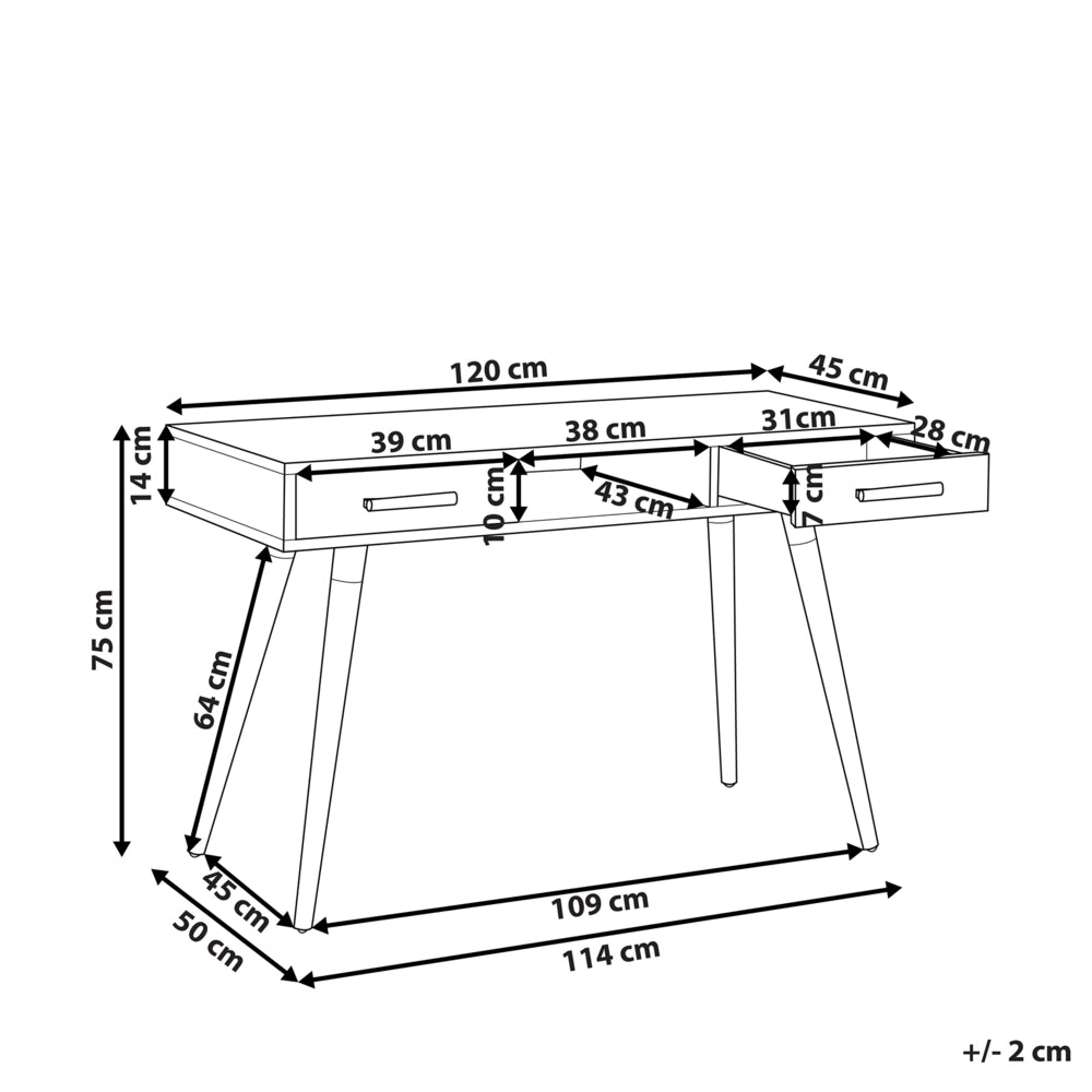 Scrivania Bianca 120 x 45 cm 2 Cassetti Scaffale Gambe in Legno Massello Scandinavo