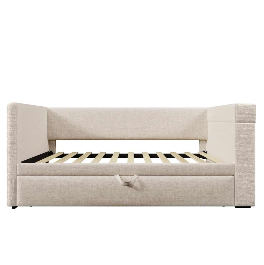 Daybed imbottito 90x190 cm con letto estraibile, USB, Type-C e portabicchieri