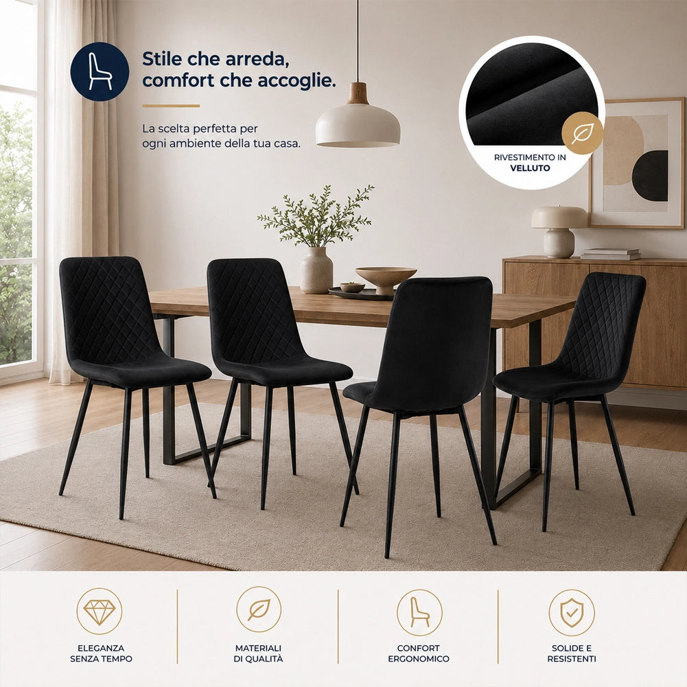 Set 4 Sedie Nero con Rivestimento in Velluto e Piedi Neri Seduta Ergonomica