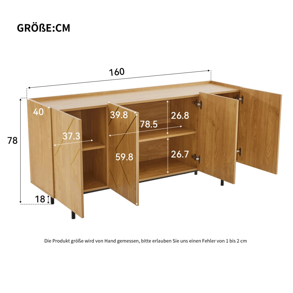 Sideboard naturale 160 cm con 4 ante e inserti in metallo