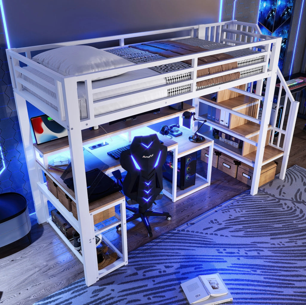 Letto a soppalco 90x200 cm con scrivania, LED e USB bianco