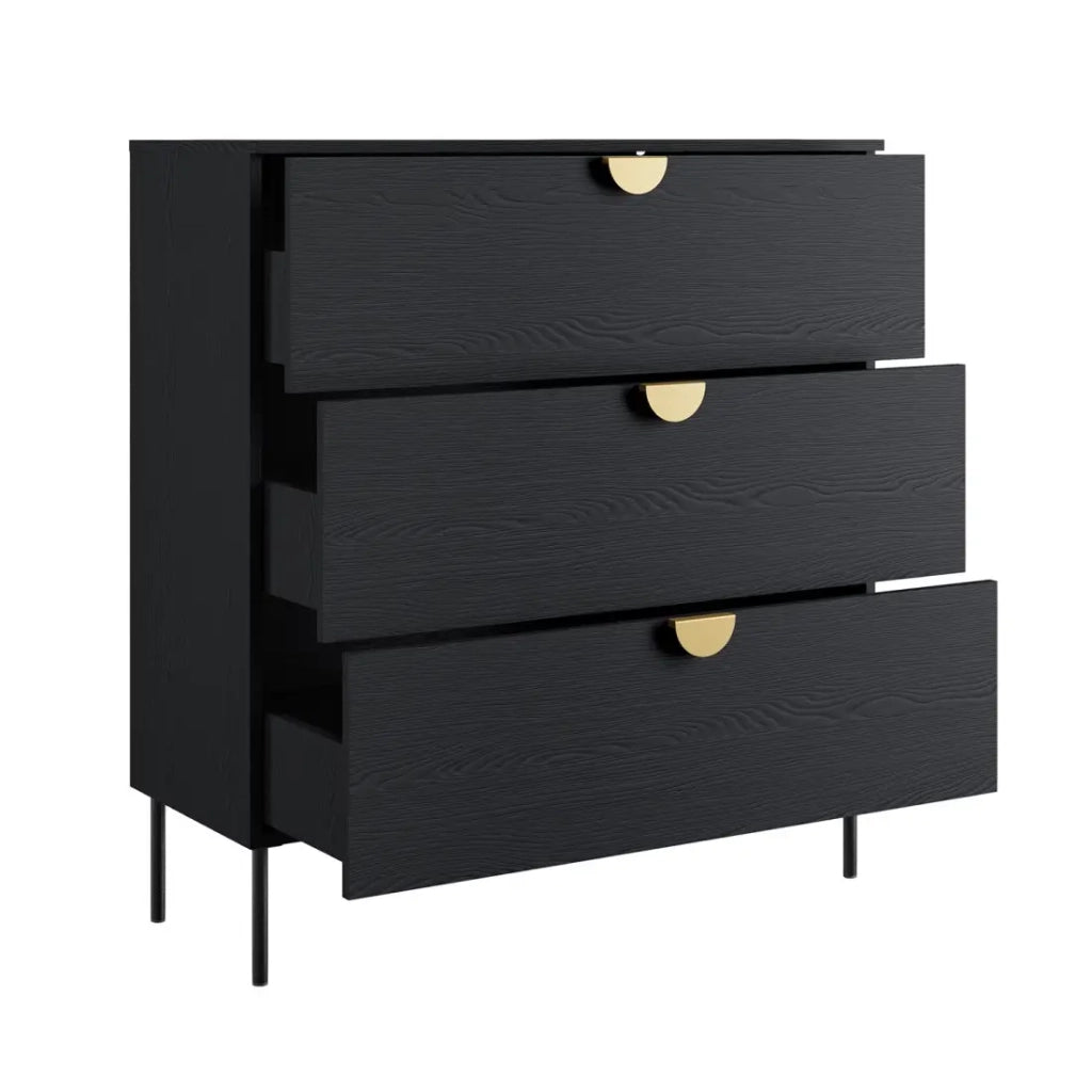 Comò MONDO – Nero strutturato e dorato – 3 cassetti – Piedi in metallo – Design moderno e funzionale