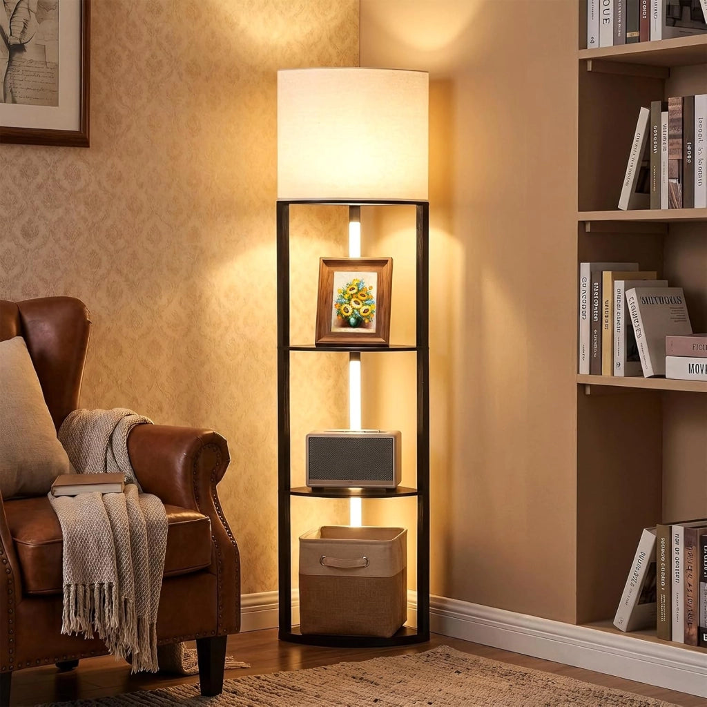 Lampada da Terra Angolare con Mensole, Scaffale a 3 Ripiani con Luci LED Dimmerabili, Paralume in Lino e Interruttore a Pedale, Piantana da Terra per Camera da Letto, Salotto e Studio