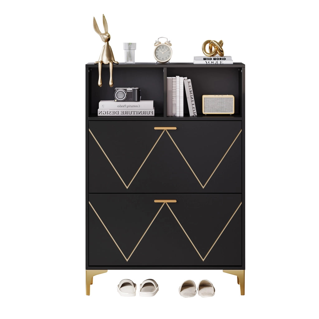 Scarpiera con 4 ante ribaltabili e 4 vani aperti, mobile ingresso con piano d'appoggio, in MDF nero, 80 × 25 × 117 cm