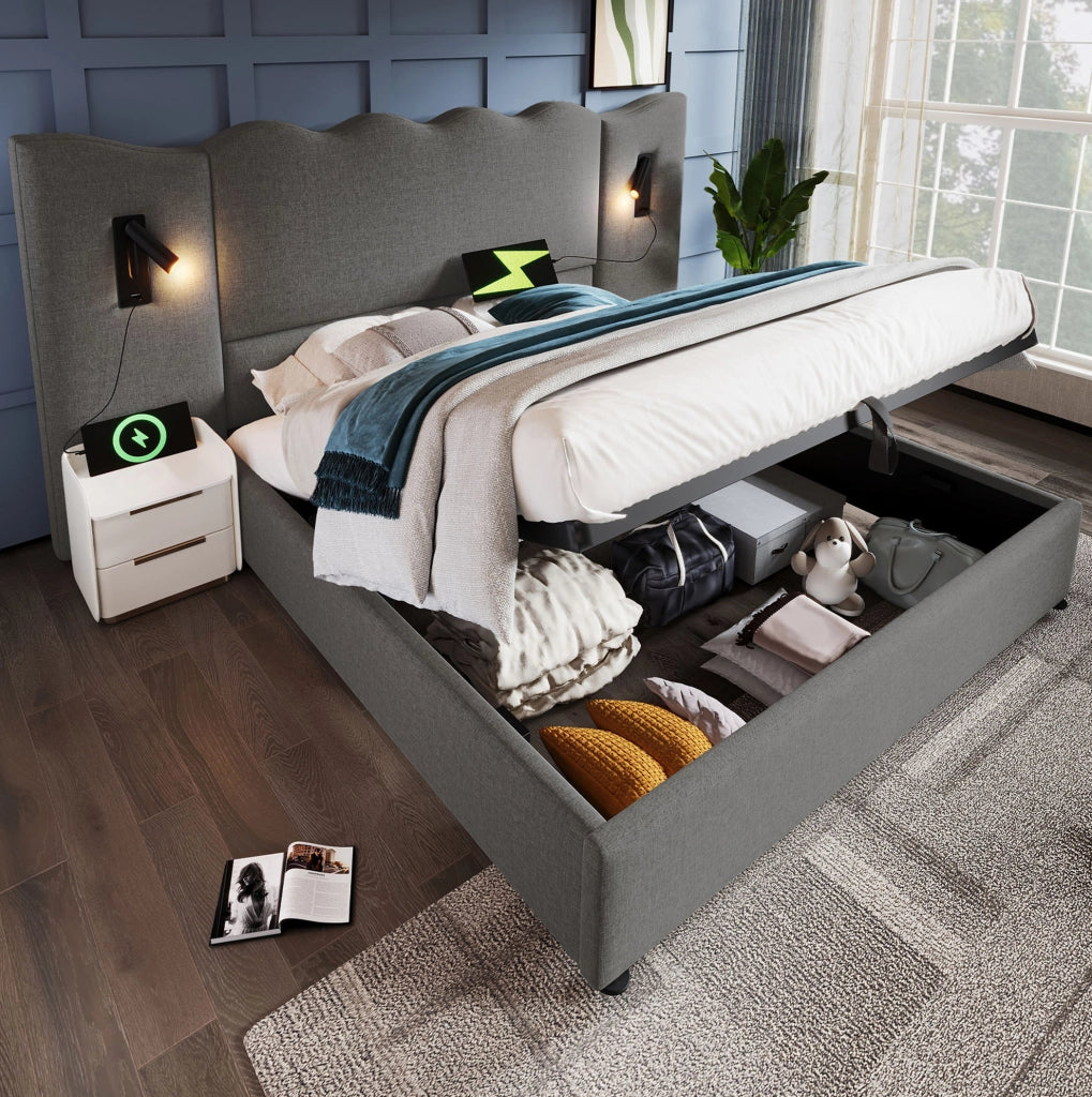 Letto matrimoniale imbottito 180x200 cm in lino grigio con testiera ondulata; luce lettura e USB
