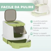 Lettiera per Gatti Chiusa con 2 Porte, Vassoio Estraibile, Paletta e Deodorante, in PP, 40.5x52.5x42.5 cm, Verde
