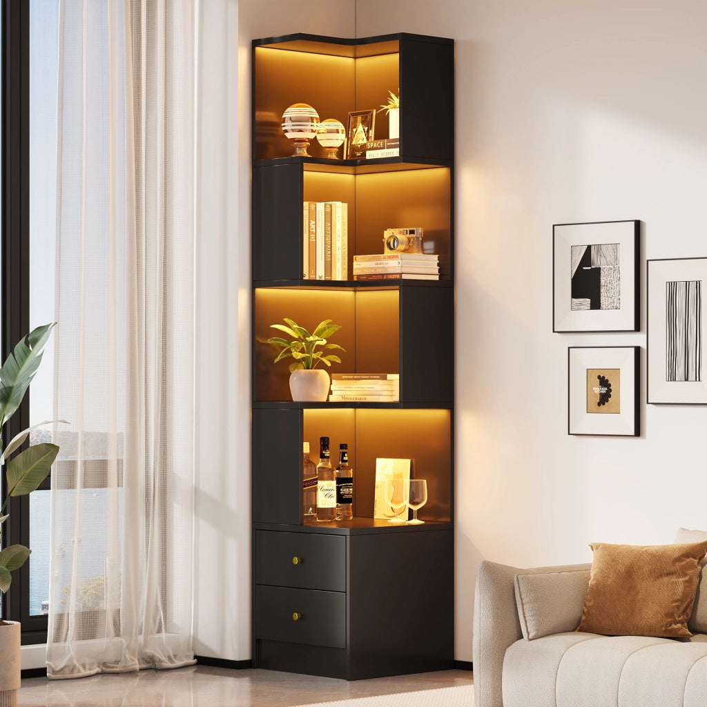 Libreria angolare a L con illuminazione LED controllabile via app, 45 x 43,5 x 180 cm, nero