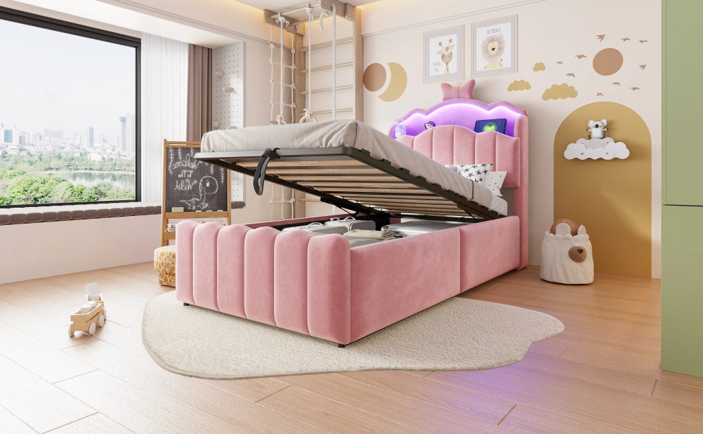 Letto per bambini 90 × 200 cm con contenitore idraulico, USB e Type-C, LED regolabile, sans materasso, en velluto rosa