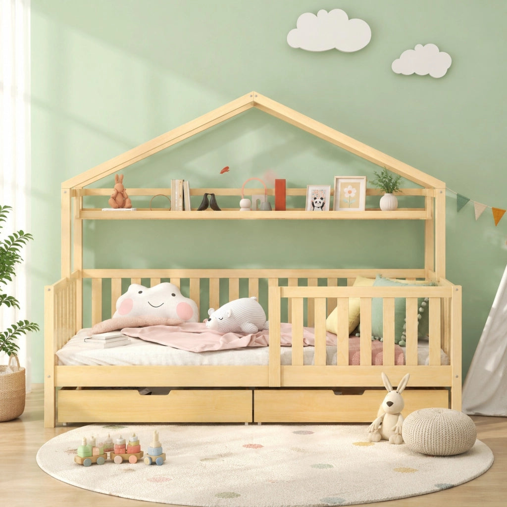 Letto a casetta per bambini 90x200 cm con cassetti, colore naturale, in legno di pino