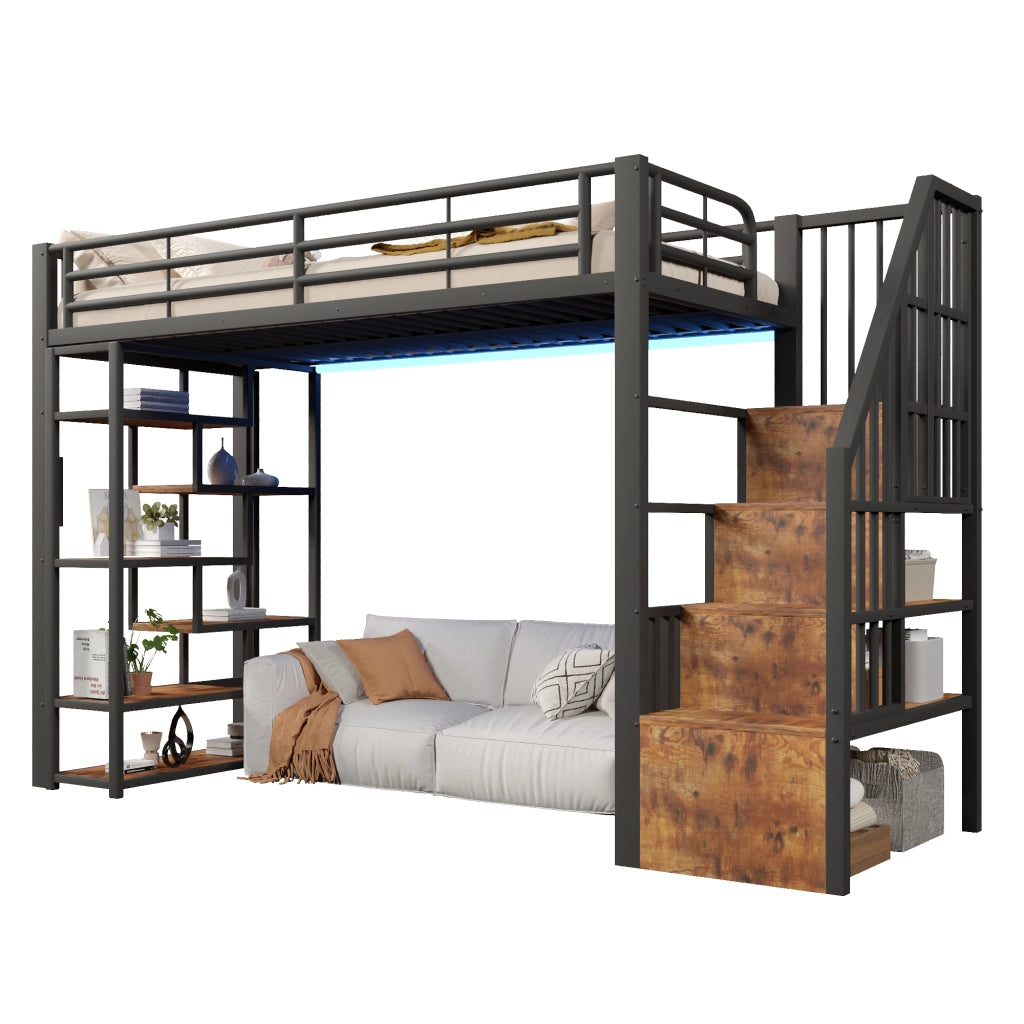 Letto a soppalco 90x200 cm con spazio libero sottostante; LED; ripiano; gradini integrati e parapetto; metallo nero
