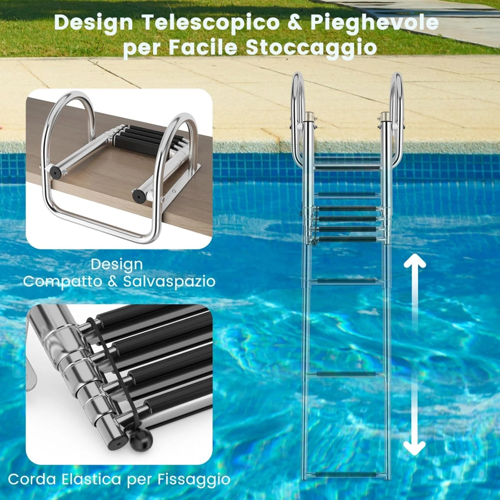 Scaletta per Piscina con 4 Gradini, Scala per Barca Pieghevole con Corrimano e Gradini Antiscivolo, Multisuo, in Acciaio Inox, Carico 227 kg