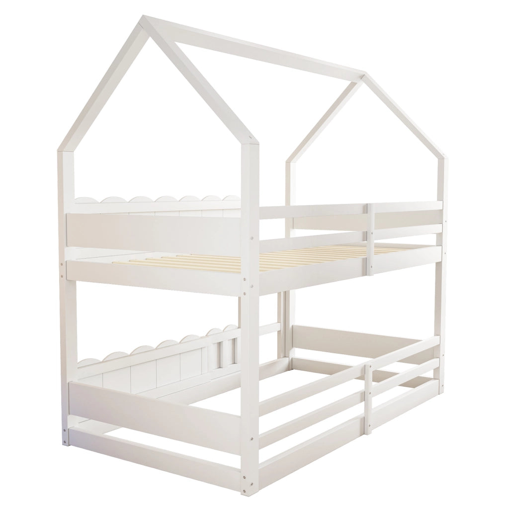 Letto a castello ULEVR 90x200 cm a forma di casa con scala frontale e sponde di sicurezza, bianco
