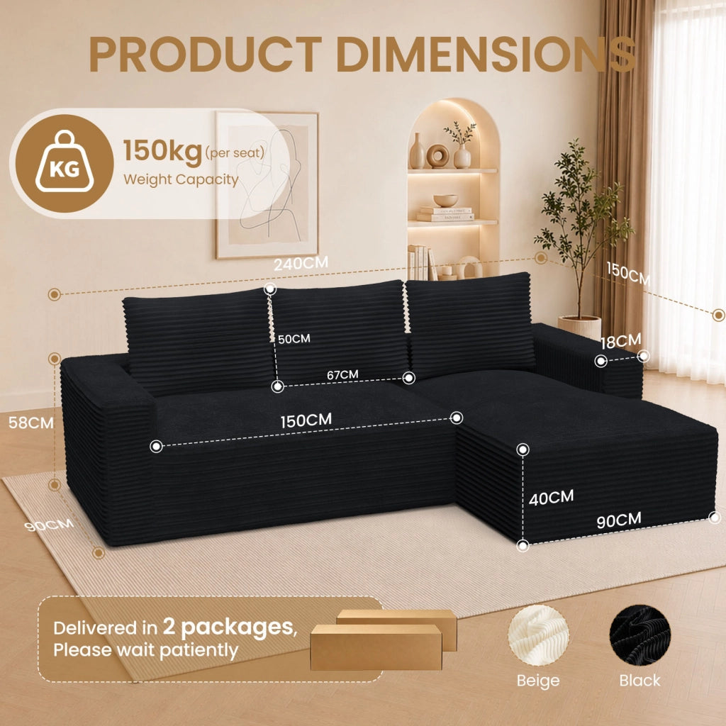 Divano angolare modulare in velluto a coste a L, divano compresso sottovuoto senza montaggio con chaise longue, molle insacchettate ergonomico