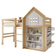 Letto a Soppalco 90 x 200 cm - 3 Cassetti e Vani Contenitore - in Legno - Bianco