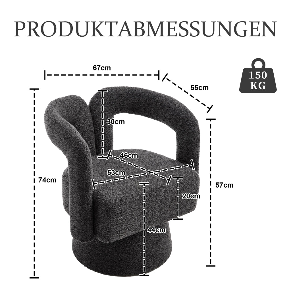 Poltrona girevole 360° in bouclé grigio scuro, con braccioli arrotondati e base in metallo