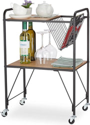 Carrello da cucina a due piani con cassetti in legno a vista metallica, dimensioni 57x50x33 cm.