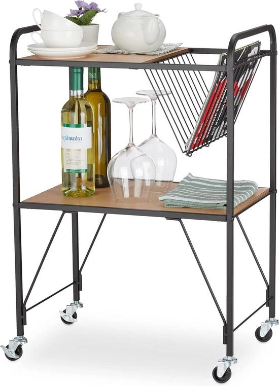 Carrello da cucina a due piani con cassetti in legno a vista metallica, dimensioni 57x50x33 cm.