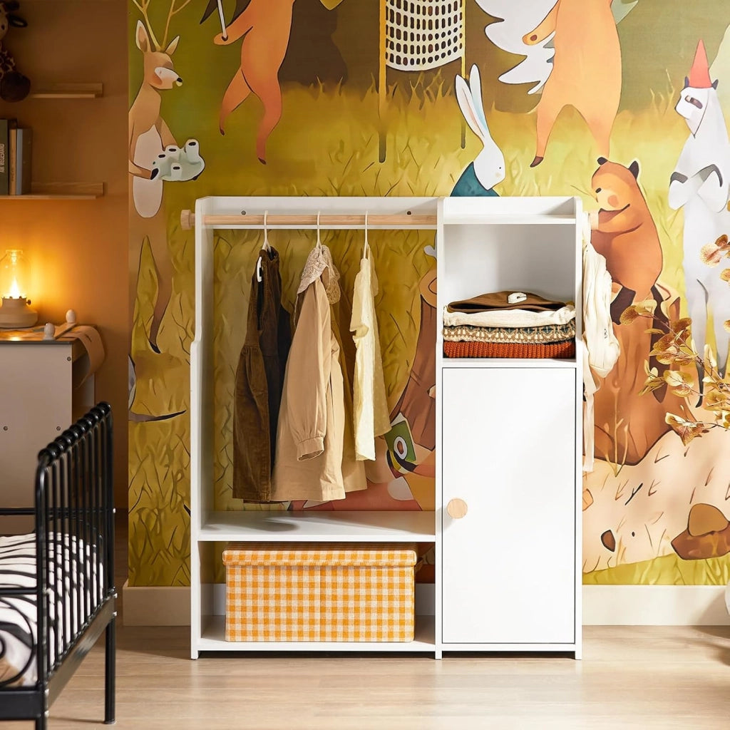Armadio Cameretta Armadio Bambini con 4 Ripiani e 2 Ganci Laterali Guardaroba con Appendiabiti per Bambini Bianco 94x35x110cm KMB110-W
