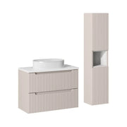 Set VANO cashmere e bianco 110cm: mobile sottolavabo con cassetti + lavabo da appoggio bianco scanalato + colonna