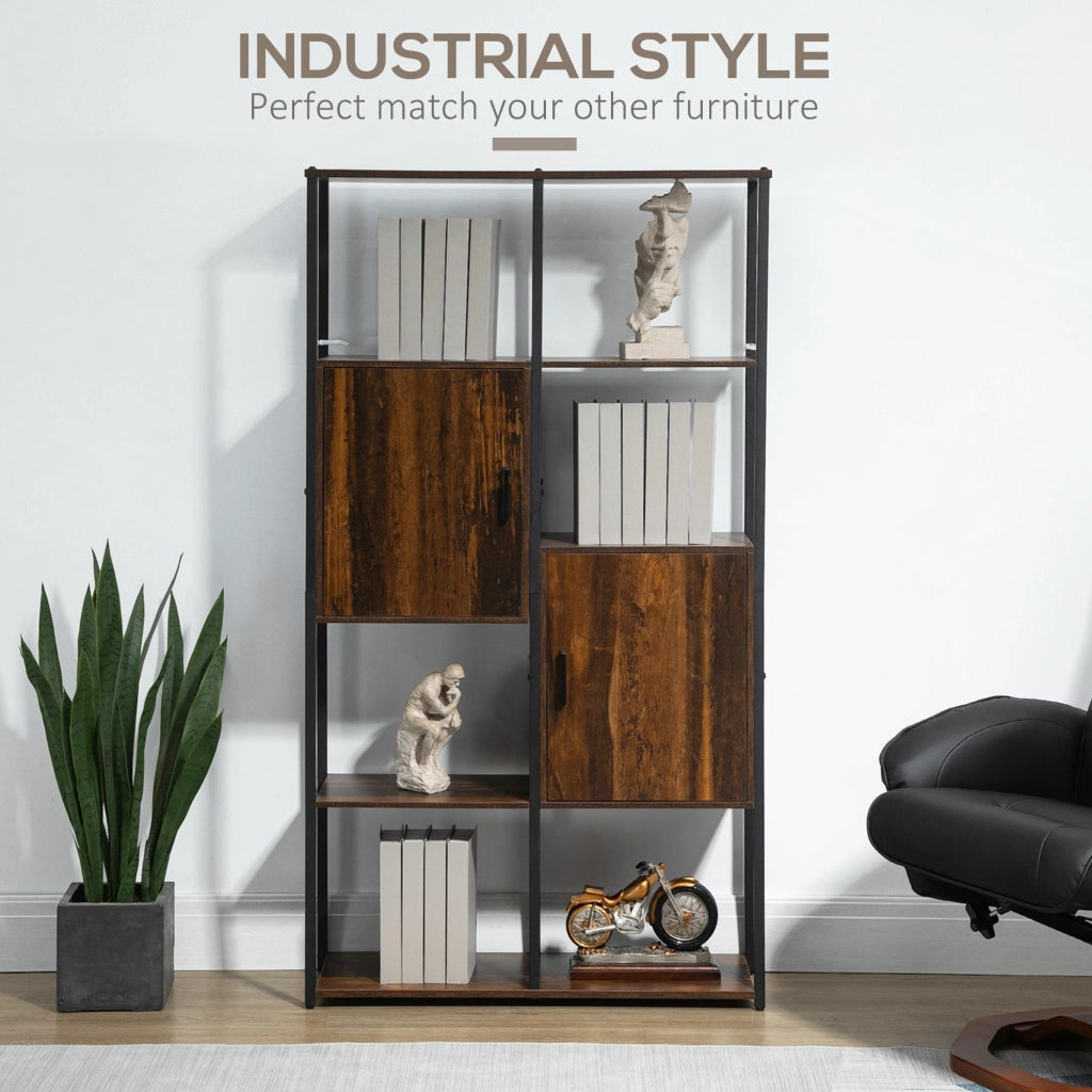 Libreria 4 Ripiani 2 Ante 90x30x159,5 cm in Metallo e Truciolato Nero e Marrone