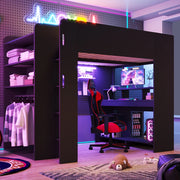 Letto a soppalco 140x200 cm con scrivania; armadio; LED e vani nero