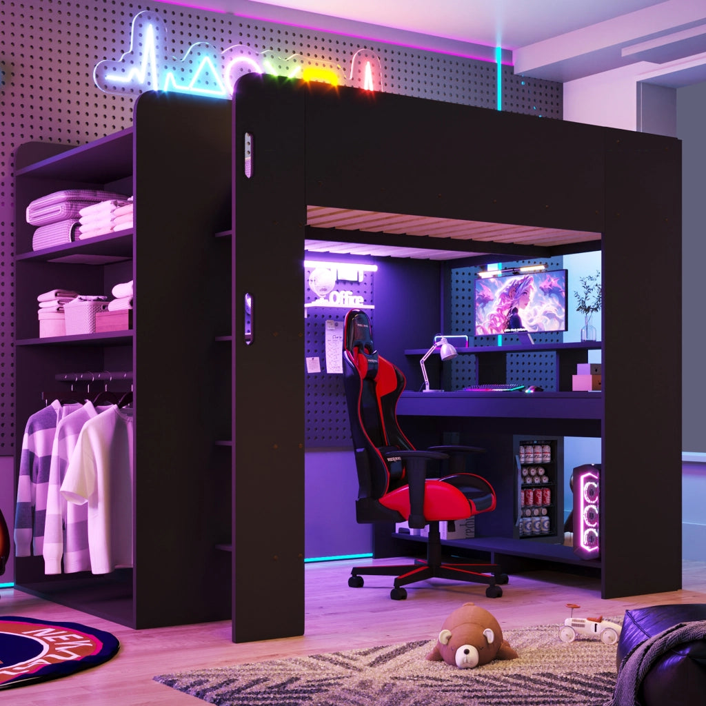 Letto a soppalco 140x200 cm con scrivania; armadio; LED e vani nero