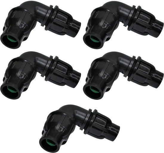 Set di valvole a 5 pezzi - 90° gomito - Ø 16 x 16 mm - tubo idraulico/giardino - sistema di irrigazione - sistema di gocciolamento - materiale in plastica, materiale duraturo - connessione di tubo