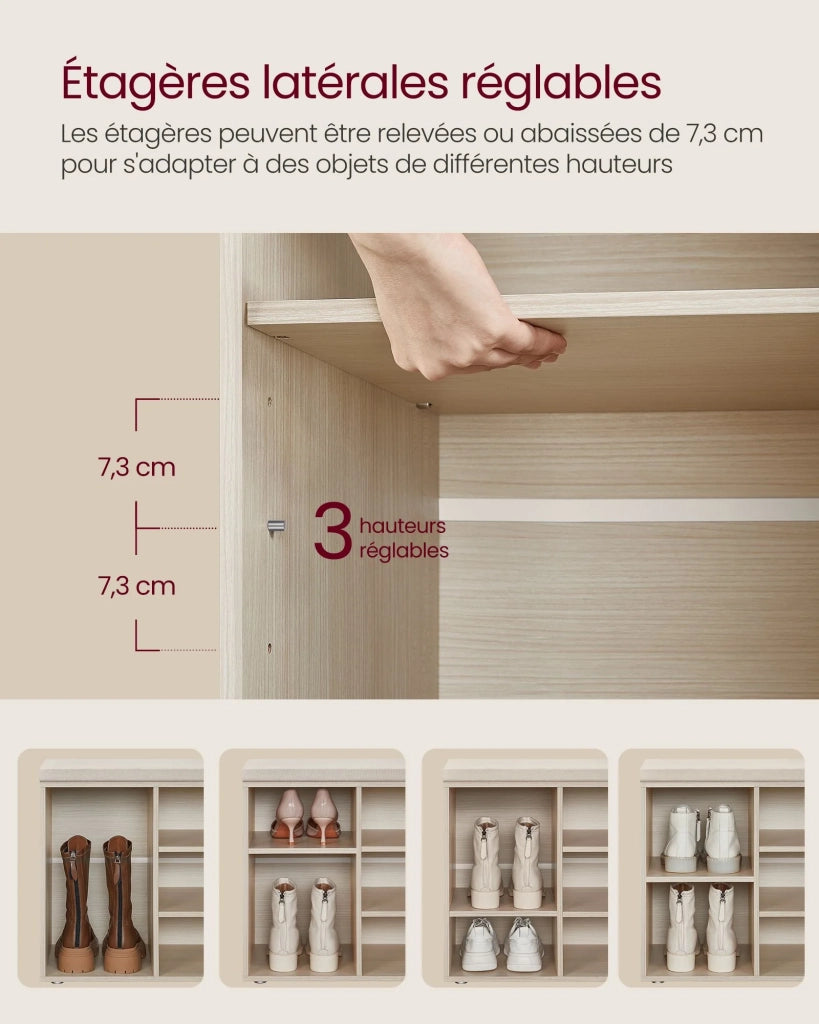 Panca portascarpe 303 x 785 x 48 cm mobile da ingresso con seduta scarpiera con cuscino e 9 ripiani regolabili per corridoio soggiorno beige 12_0004100