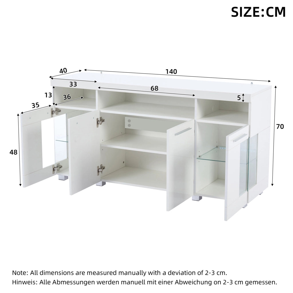 Sideboard moderno bianco 140x40x70 cm con luce a LED e vetro temperato