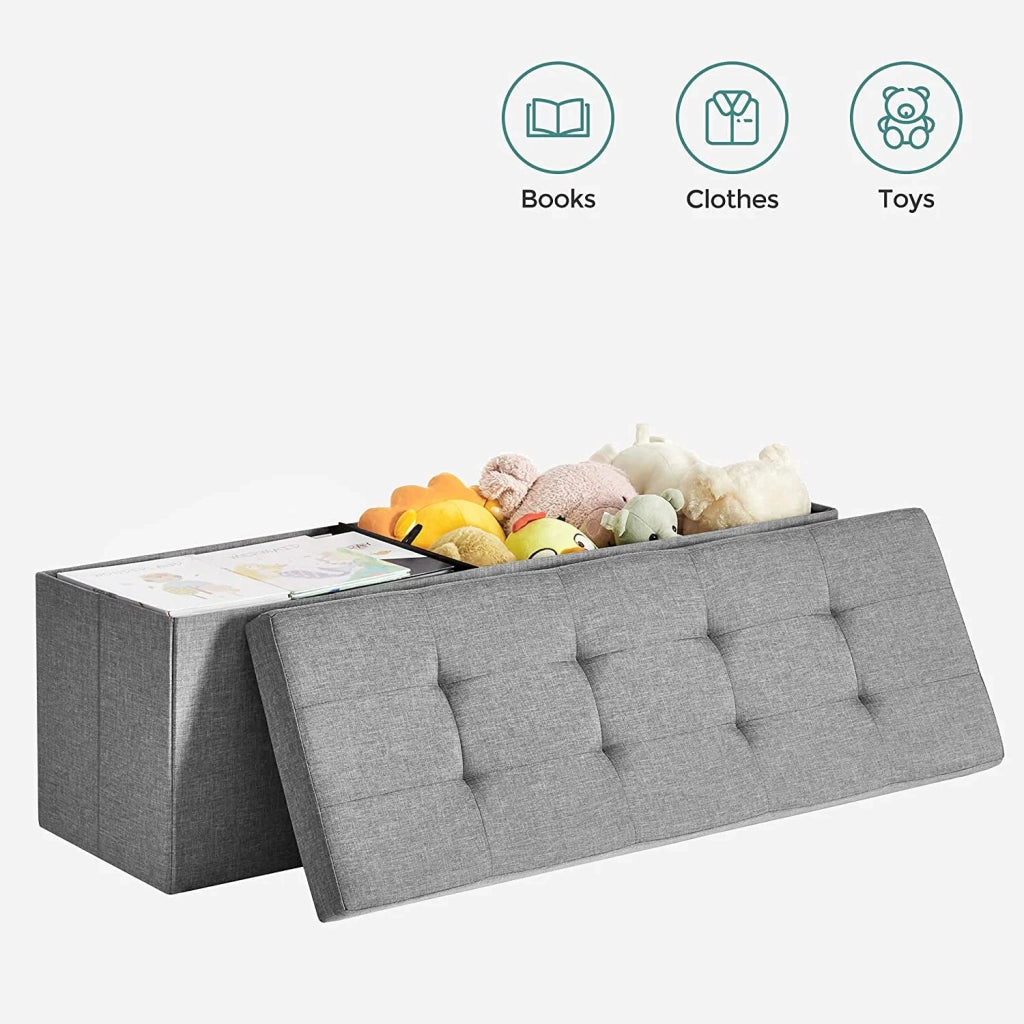 Grande panca contenitore pieghevole per 3 persone 110 x 38 x 38 cm tessuto di lino grigio 12_0004121
