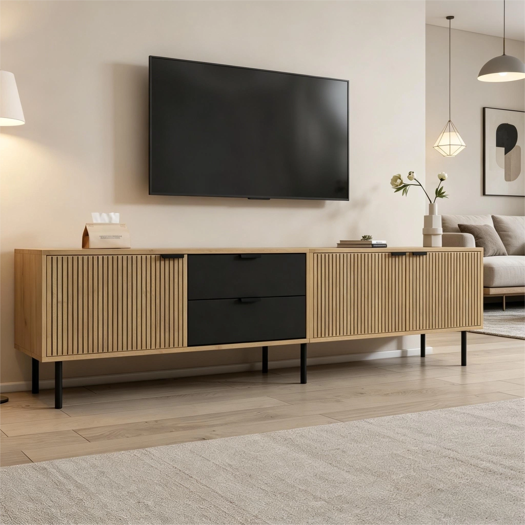 Mobile TV con Cassetti e Ante ¨C MINIMAL ¨C Truciolato, 208x40x48 cm