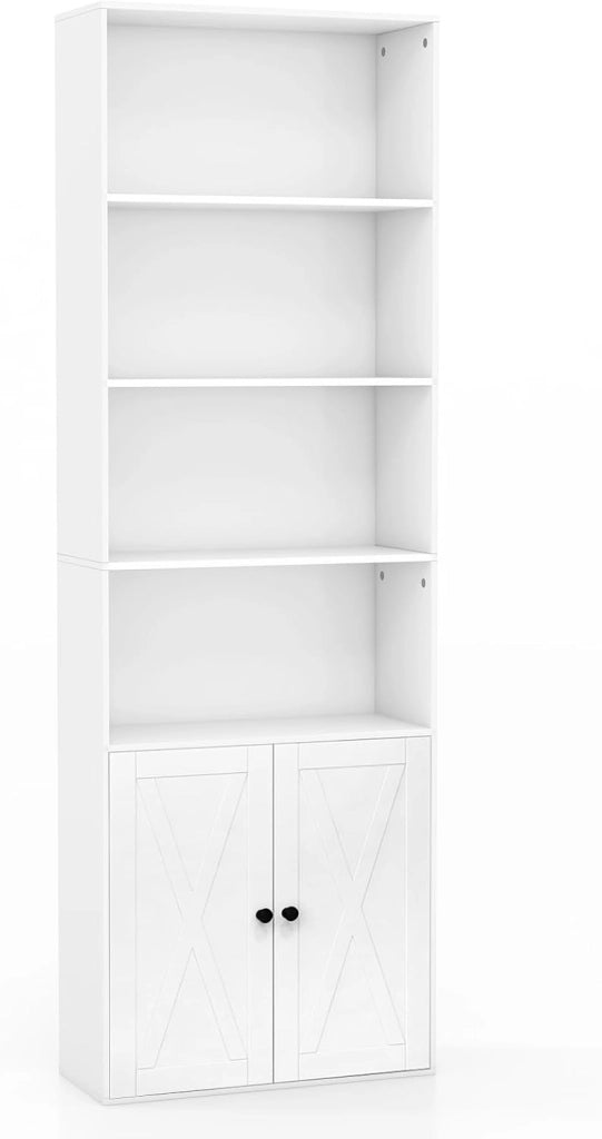 Libreria Scaffale con Ante, Libreria in Legno con 6 Ripiani e 2 Ante, Mobile Multiuso con Ripiano Regolabile per Soggiorno, Camera da Letto, Cucina, 60 x 24 x 180 cm, Bianco