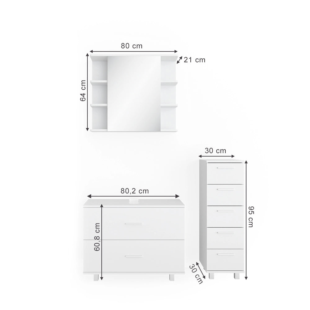 Vicco Set mobili bagno Bianco 3 parti, con mobile midi