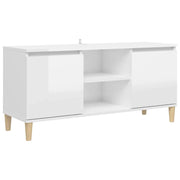 Mobile TV | Armadietto TV | Mobile Porta TV con Gambe Legno Massello Bianco Lucido 103,5x35x50 cm