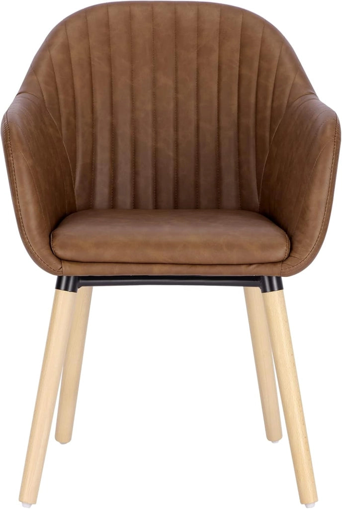 Set di 2 Sedie per Sala da Pranzo con Schienale Braccioli Poltrona Imbottita Gambe in Legno Seduta in Similpelle, Marrone, BH336br-2