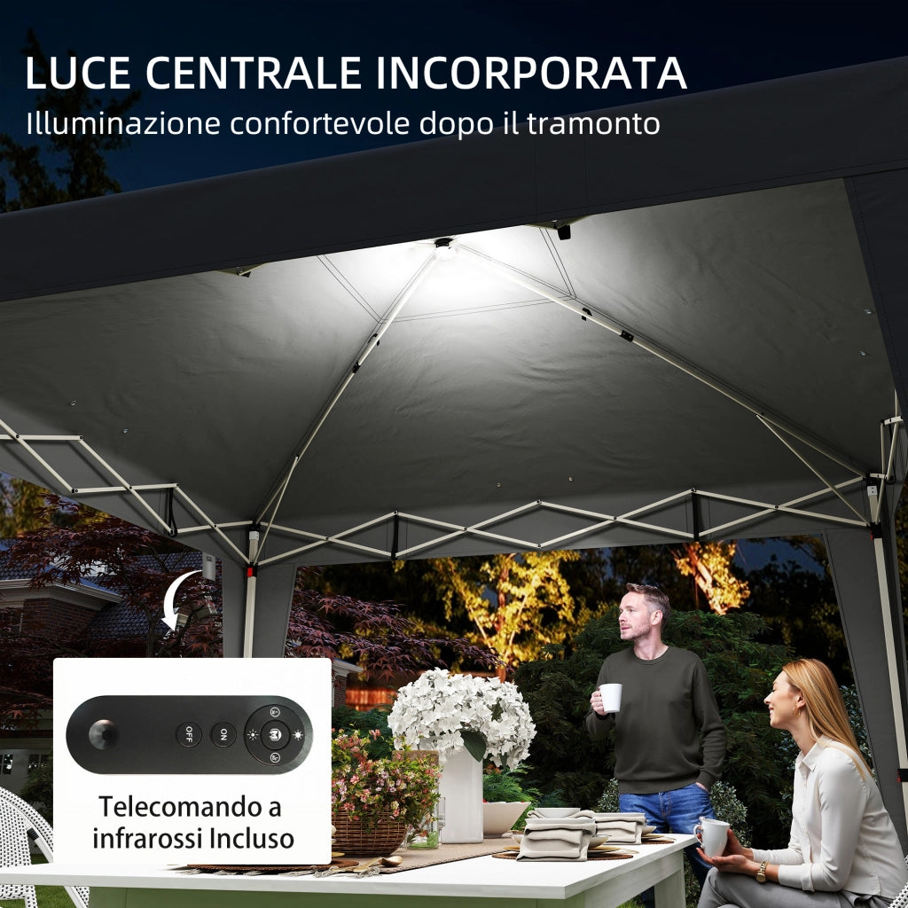Gazebo Pieghevole da Giardino 297x297x288 cm ad Altezza Regolabile con Luce Centrale e Telecomando in Metallo e