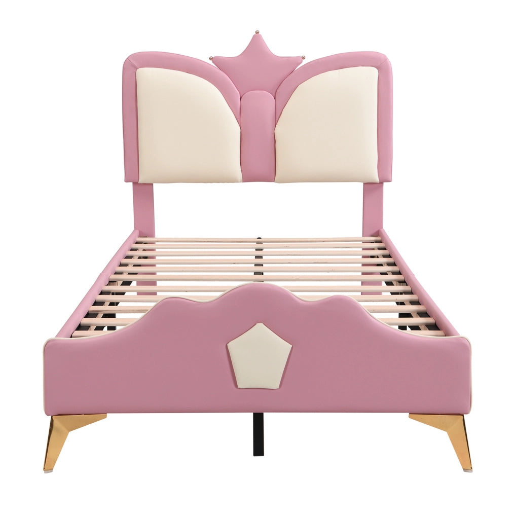 Letto imbottito 90x200 cm con testiera a corona in PU rosa e bianco