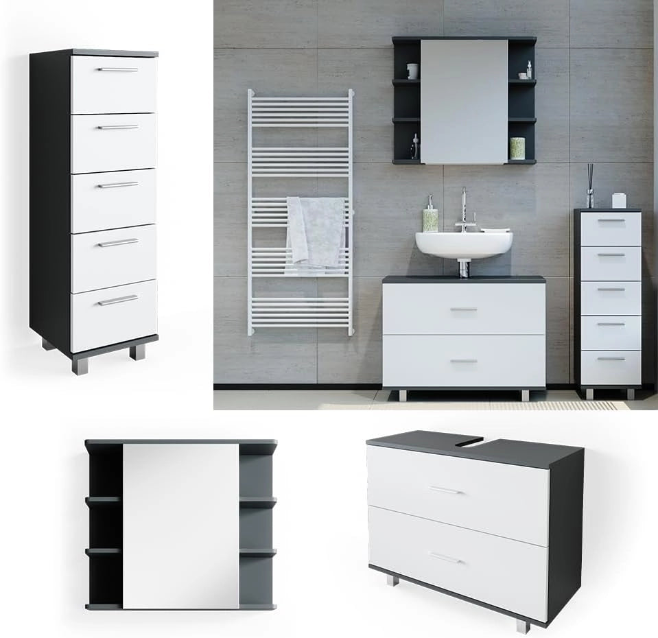 Set mobili bagno Ilias, Bianco/antracite, 80 cm, composto da mobile sottolavabo, specchiera e mobile medio
